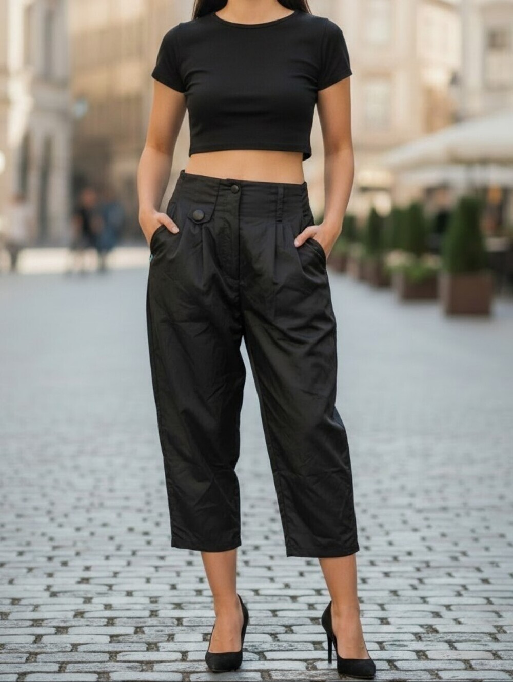 PUECH Nylon High Waist Black Cropped Pants